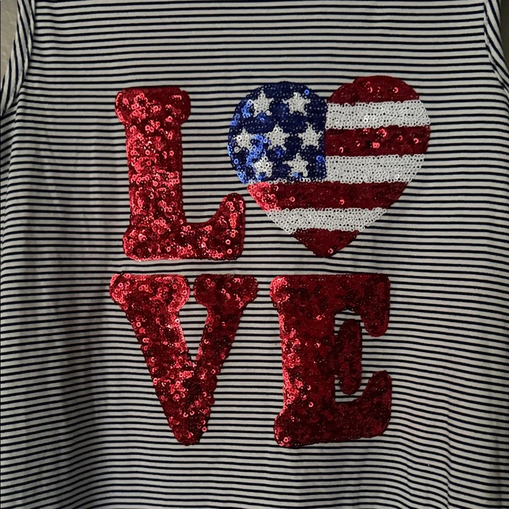btween Navy & White Striped Tank Dress with Red Sequin LOVE and Flag Heart